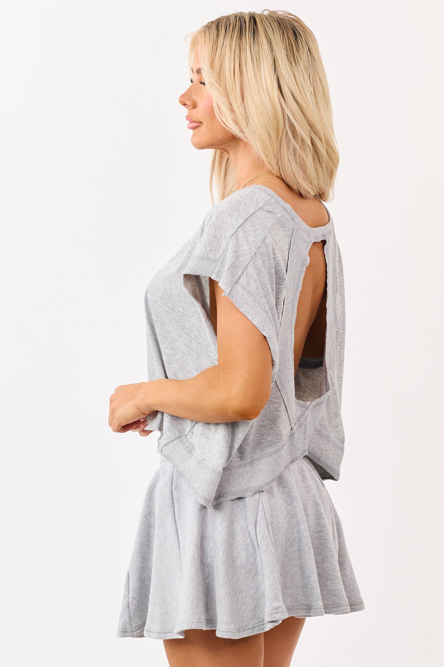 Heather Grey Back Cut Out Short Sleeve Top
