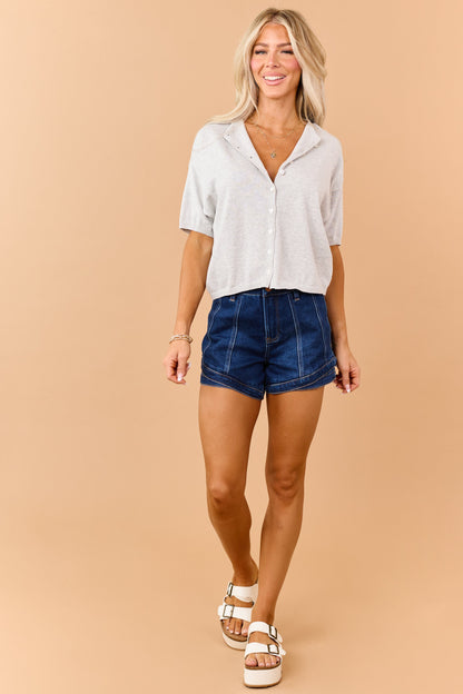 Heather Grey Cotton Button Down Short Sleeve Cardigan