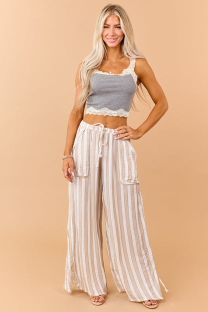 Heather Grey Rib Knit Contrast Lace Trim Tank Top
