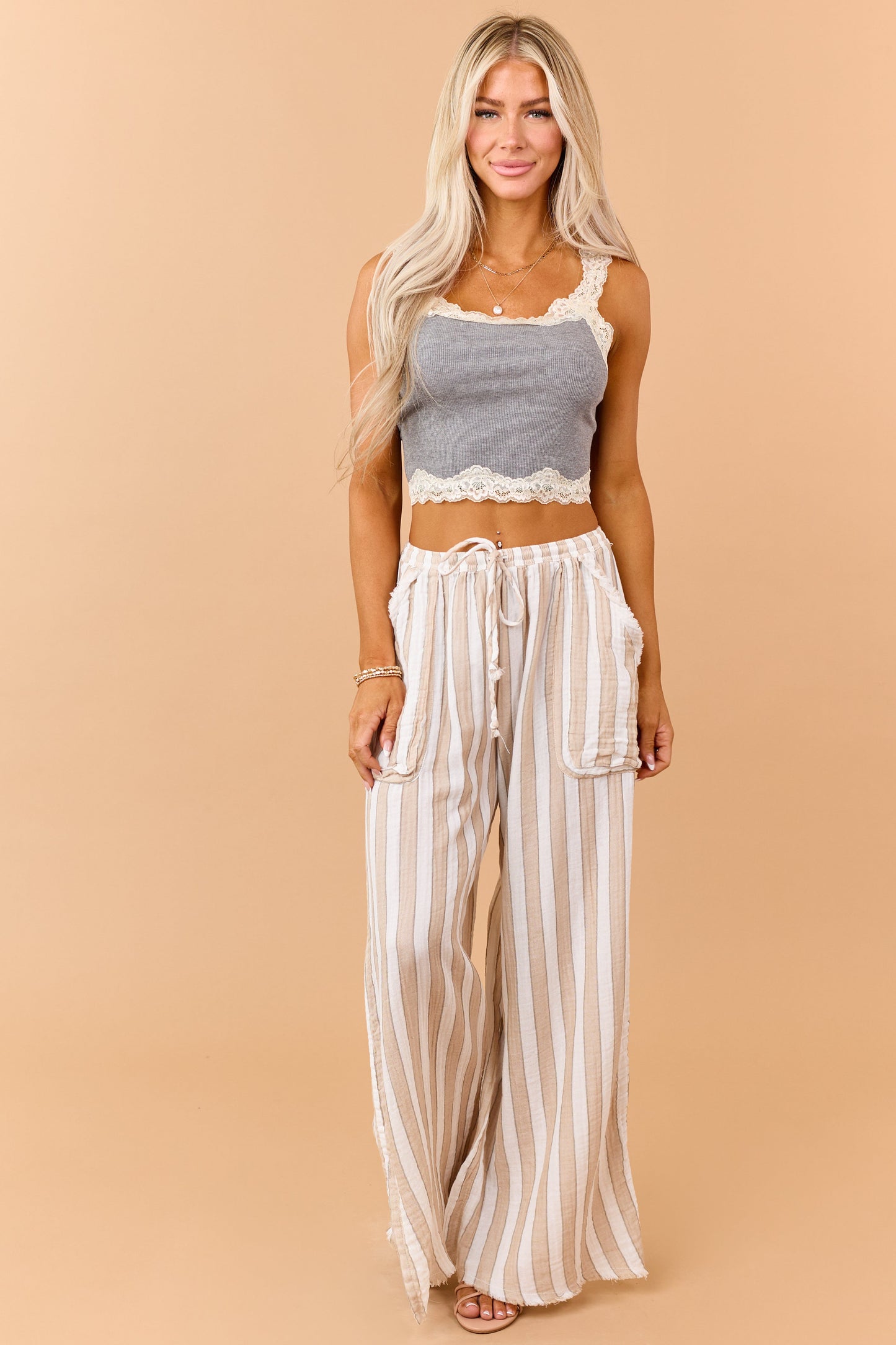 Heather Grey Rib Knit Contrast Lace Trim Tank Top