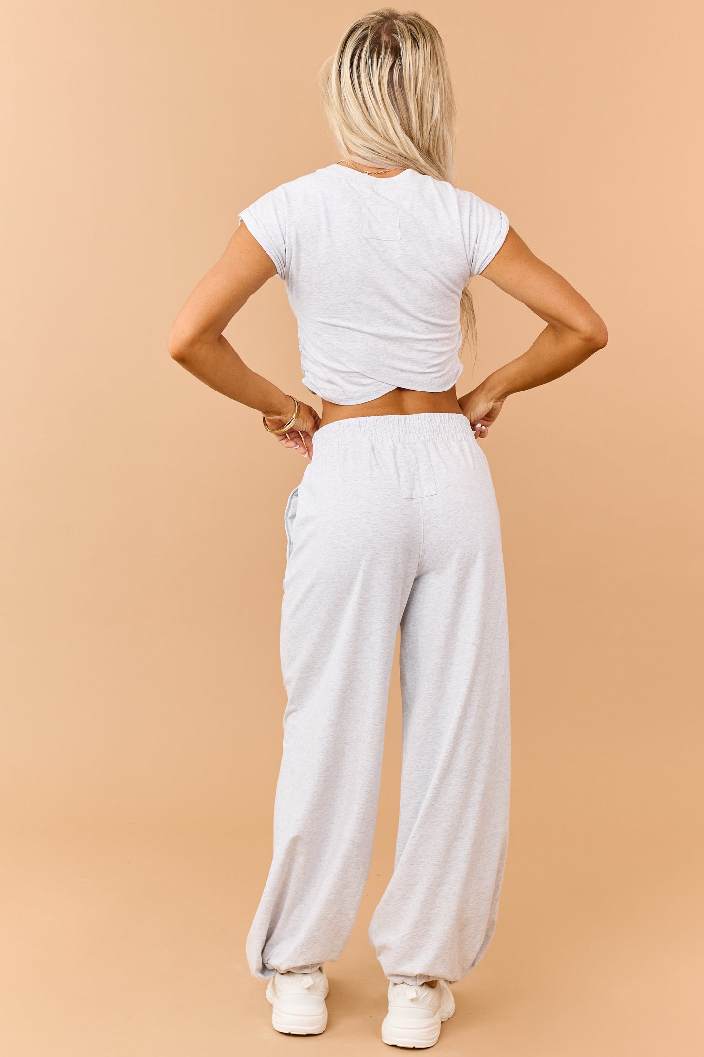 Heather Grey Ruched Cotton Knit Top and Pants Set