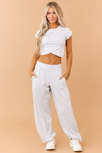 Heather Grey Ruched Cotton Knit Top and Pants Set