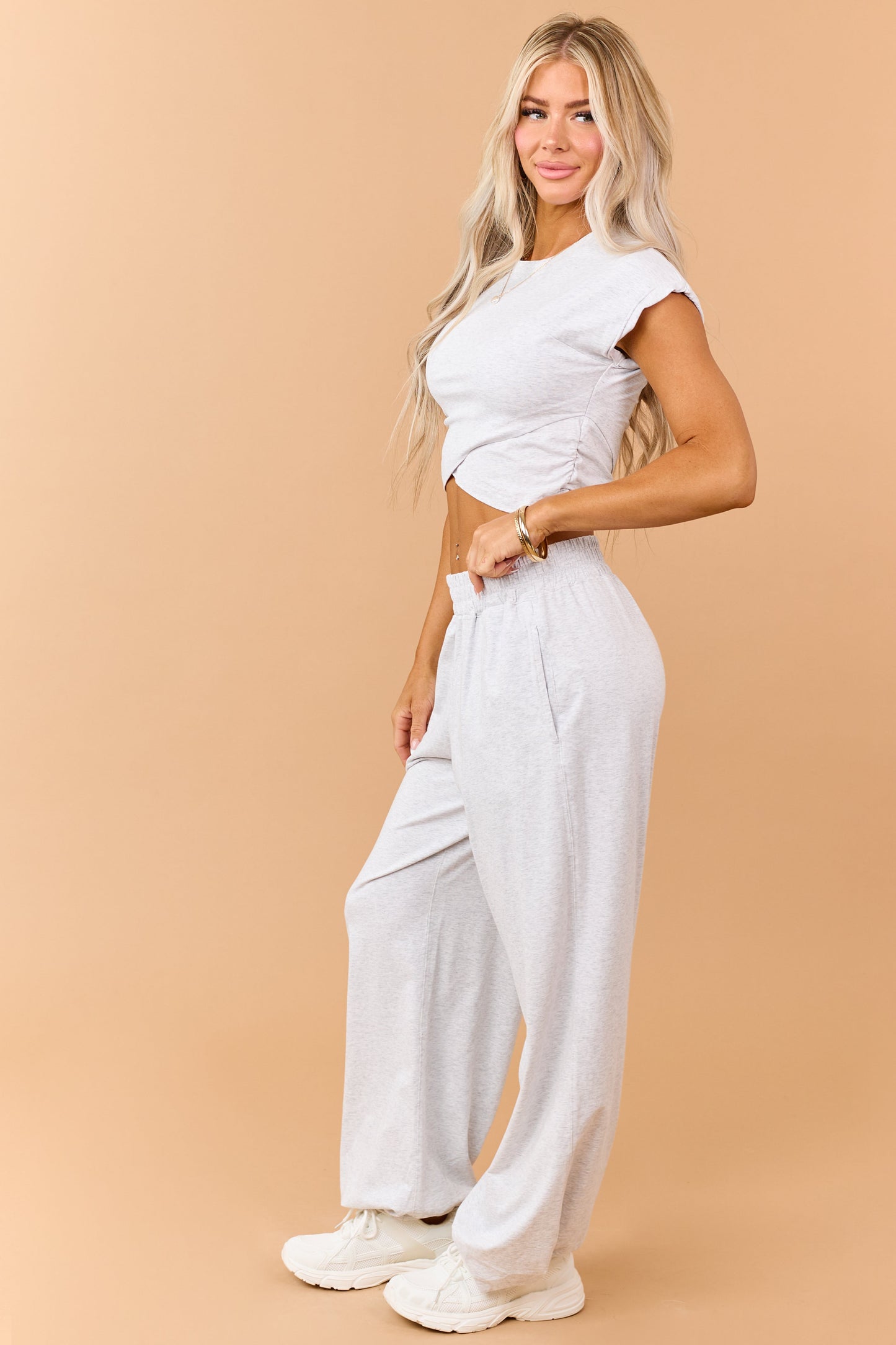 Heather Grey Ruched Cotton Knit Top and Pants Set