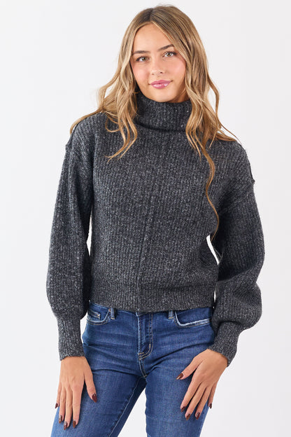 Heathered Charcoal Turtleneck Bubble Sleeve Sweater