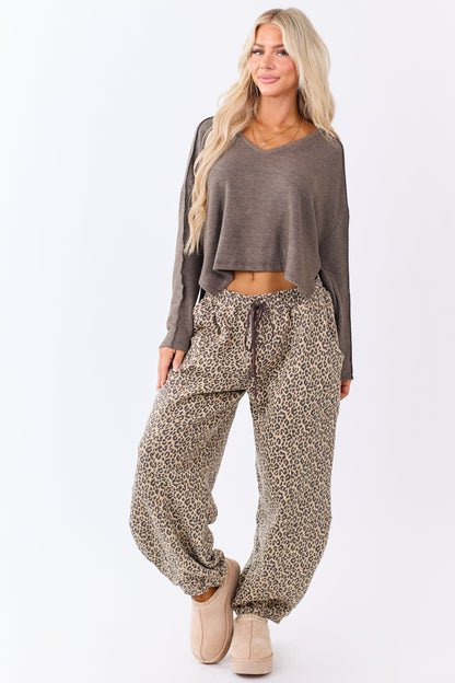 Heathered Coffee Fleece V-Neck Long Sleeve Top