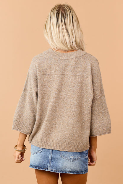Heathered Khaki Relaxed Half Sleeve Sweater