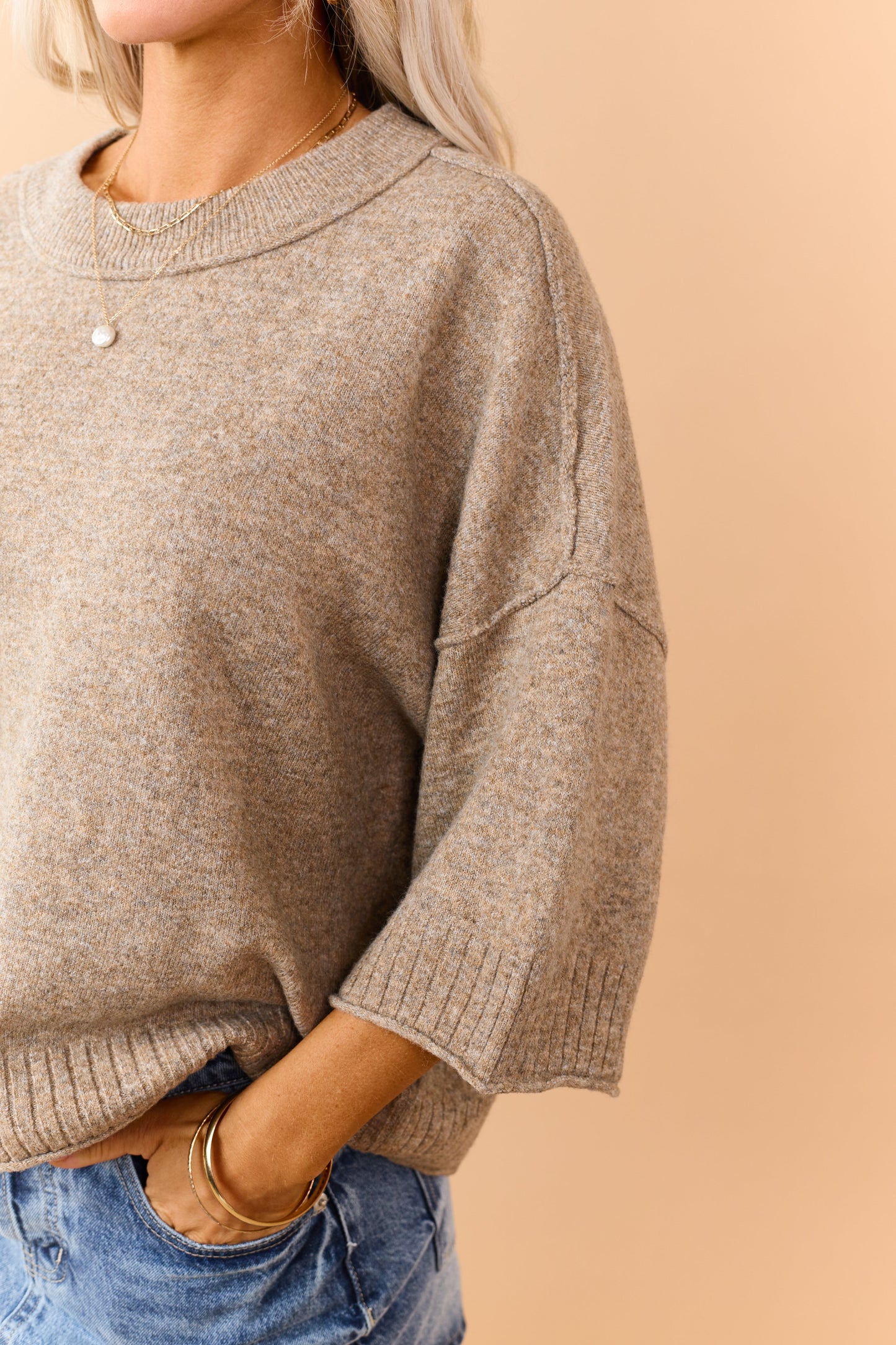 Heathered Khaki Relaxed Half Sleeve Sweater