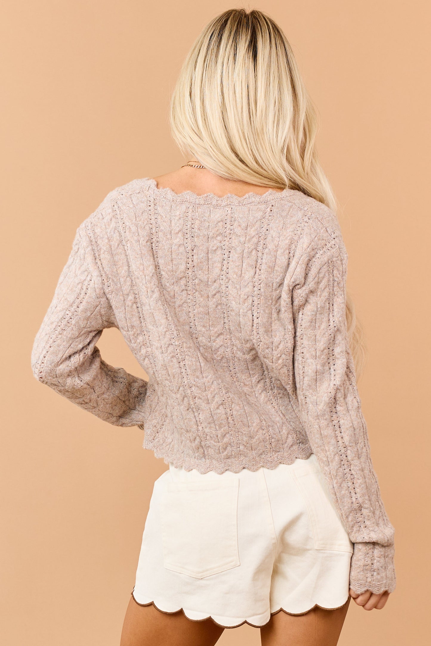 Heathered Latte Scallop Trim Cable Knit Cardigan