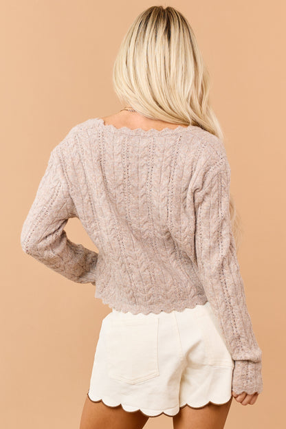 Heathered Latte Scallop Trim Cable Knit Cardigan