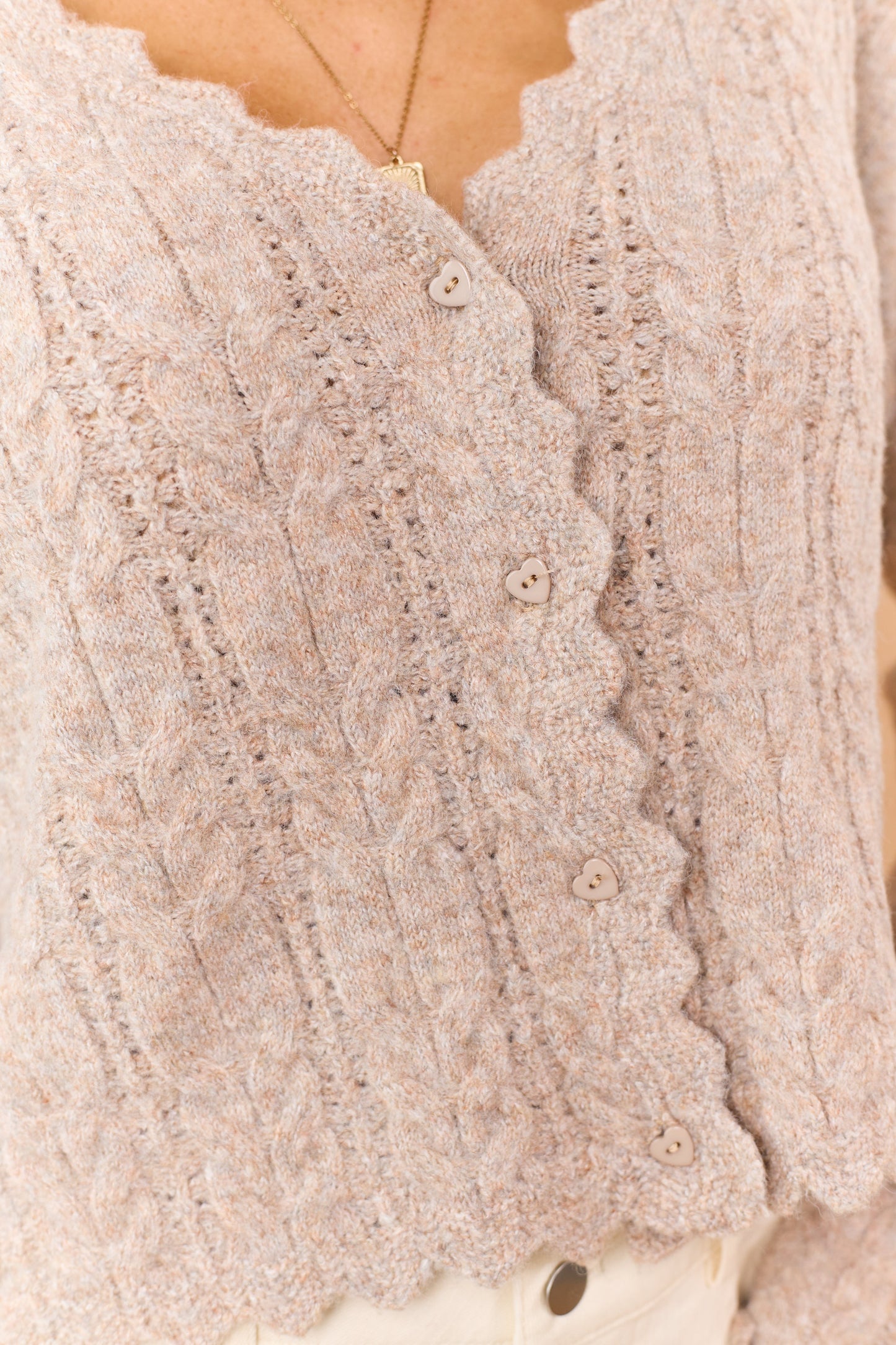 Heathered Latte Scallop Trim Cable Knit Cardigan