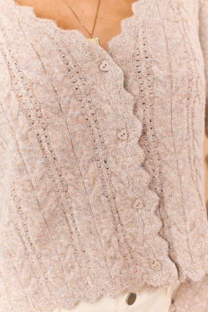 Heathered Latte Scallop Trim Cable Knit Cardigan