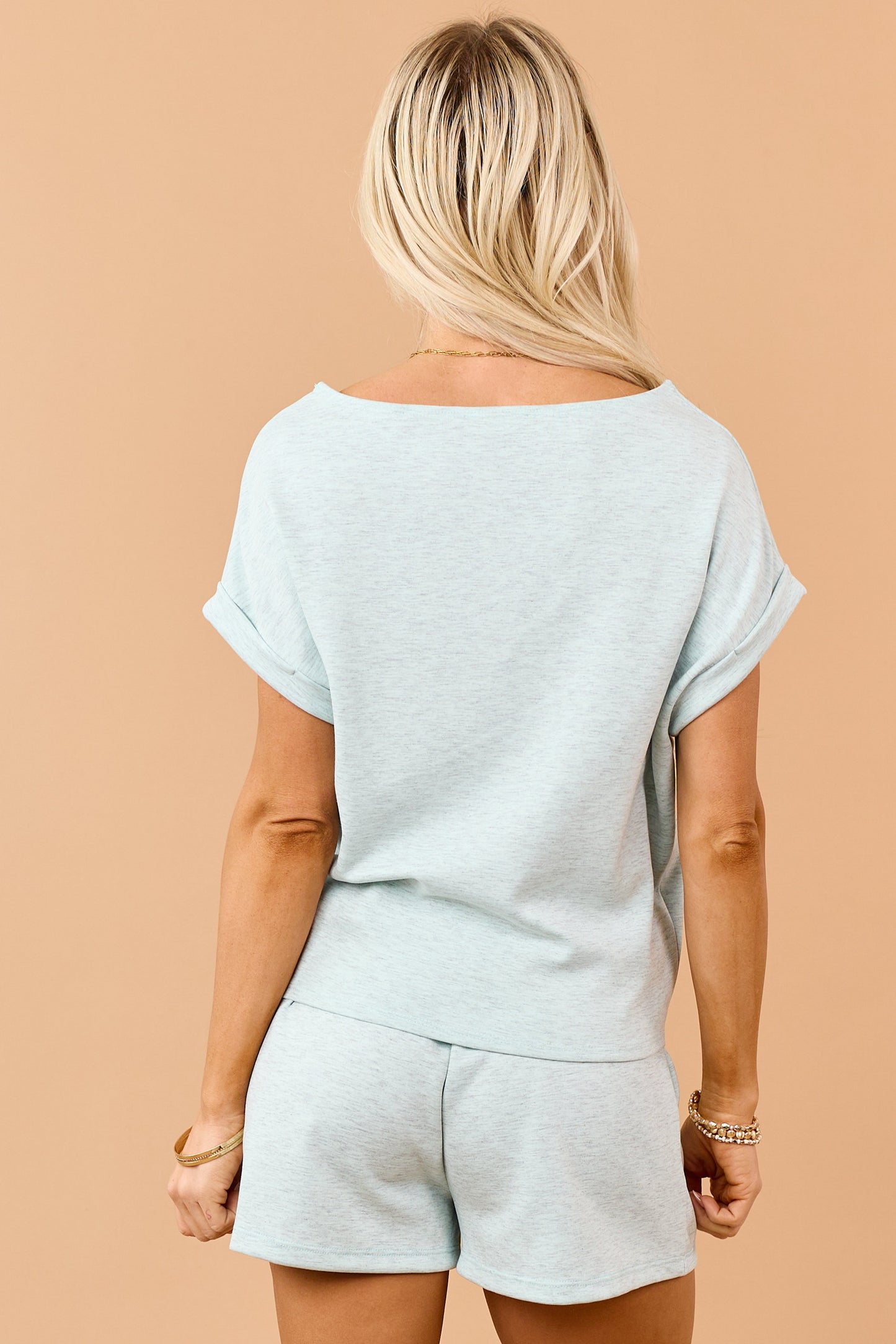 Heathered Mint Boatneck Cuffed Short Sleeve Top