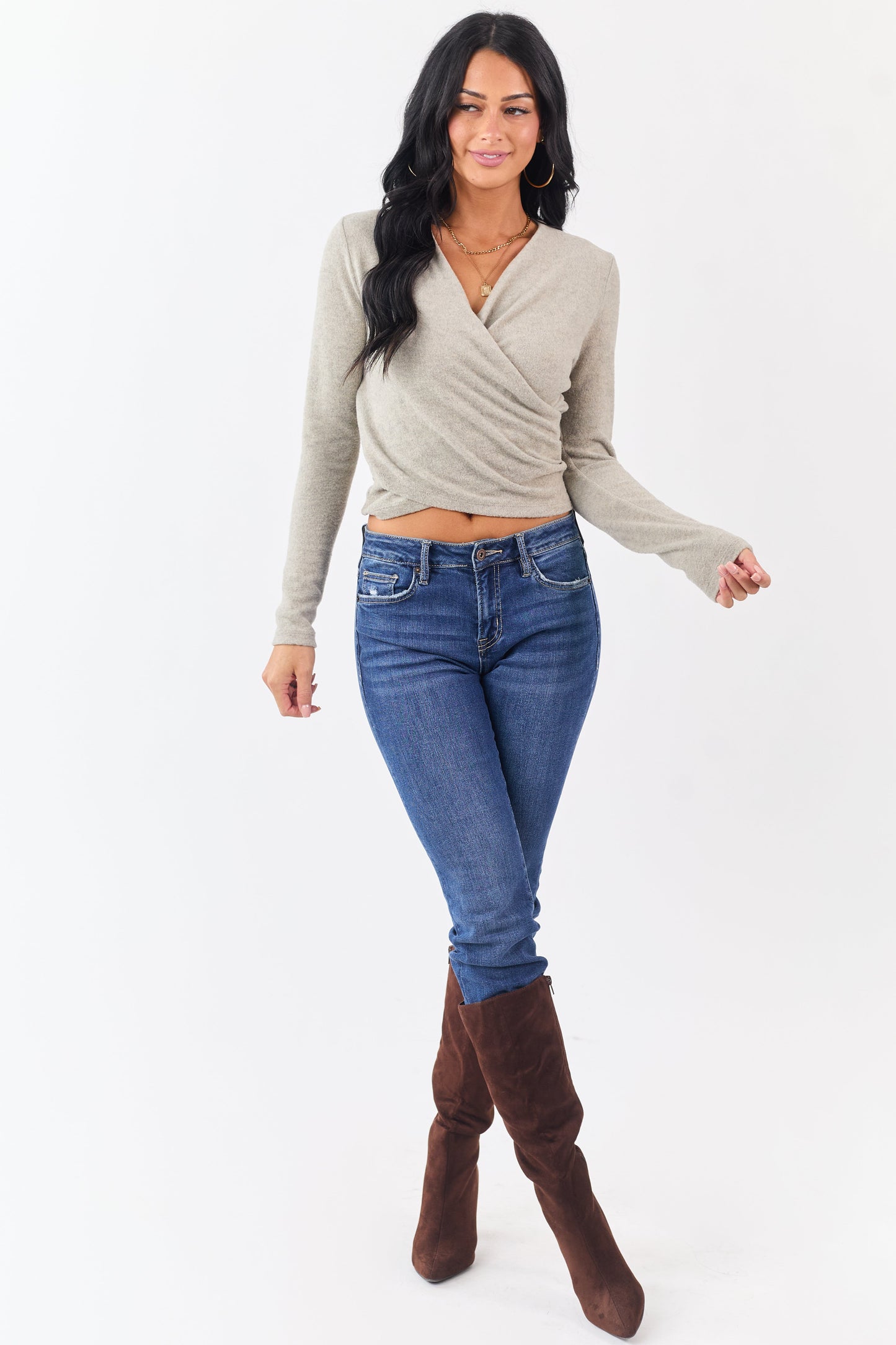 Heathered Oatmeal Surplice Long Sleeve Knit Top
