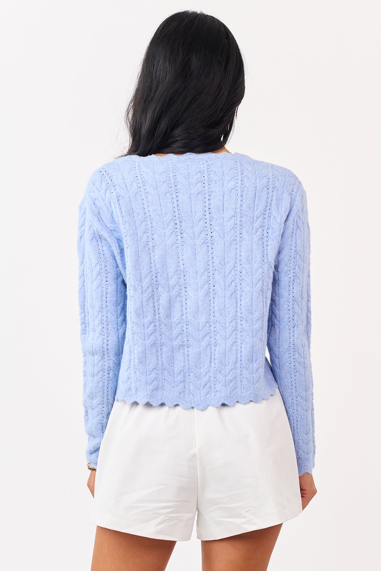 Heathered Powder Blue Scallop Trim Cardigan