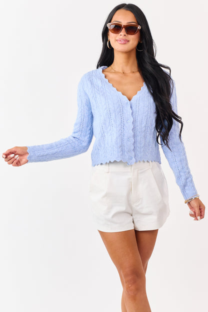 Heathered Powder Blue Scallop Trim Cardigan