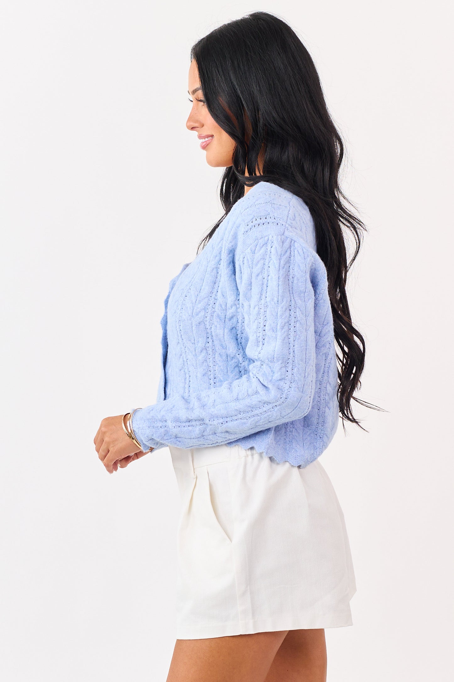 Heathered Powder Blue Scallop Trim Cardigan