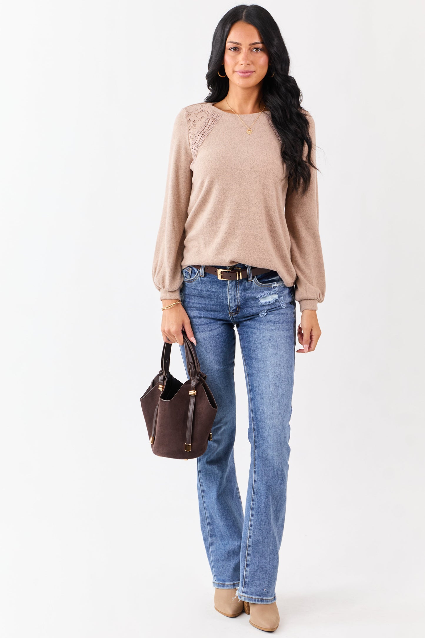 Heathered Rose Taupe Floral Lace Detail Sweater