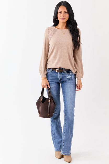 Heathered Rose Taupe Floral Lace Detail Sweater
