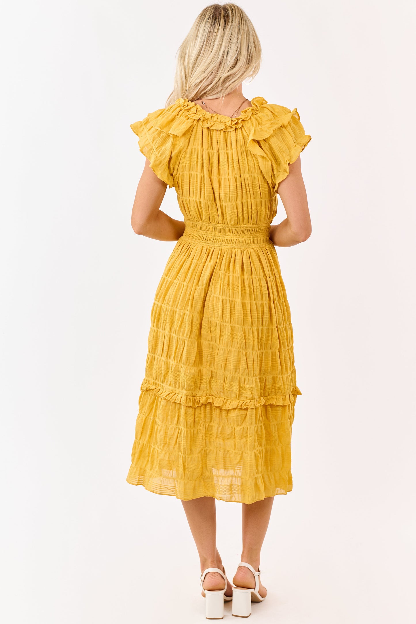 Honey Textured Flutter Sleeve Smocked Midi Dress