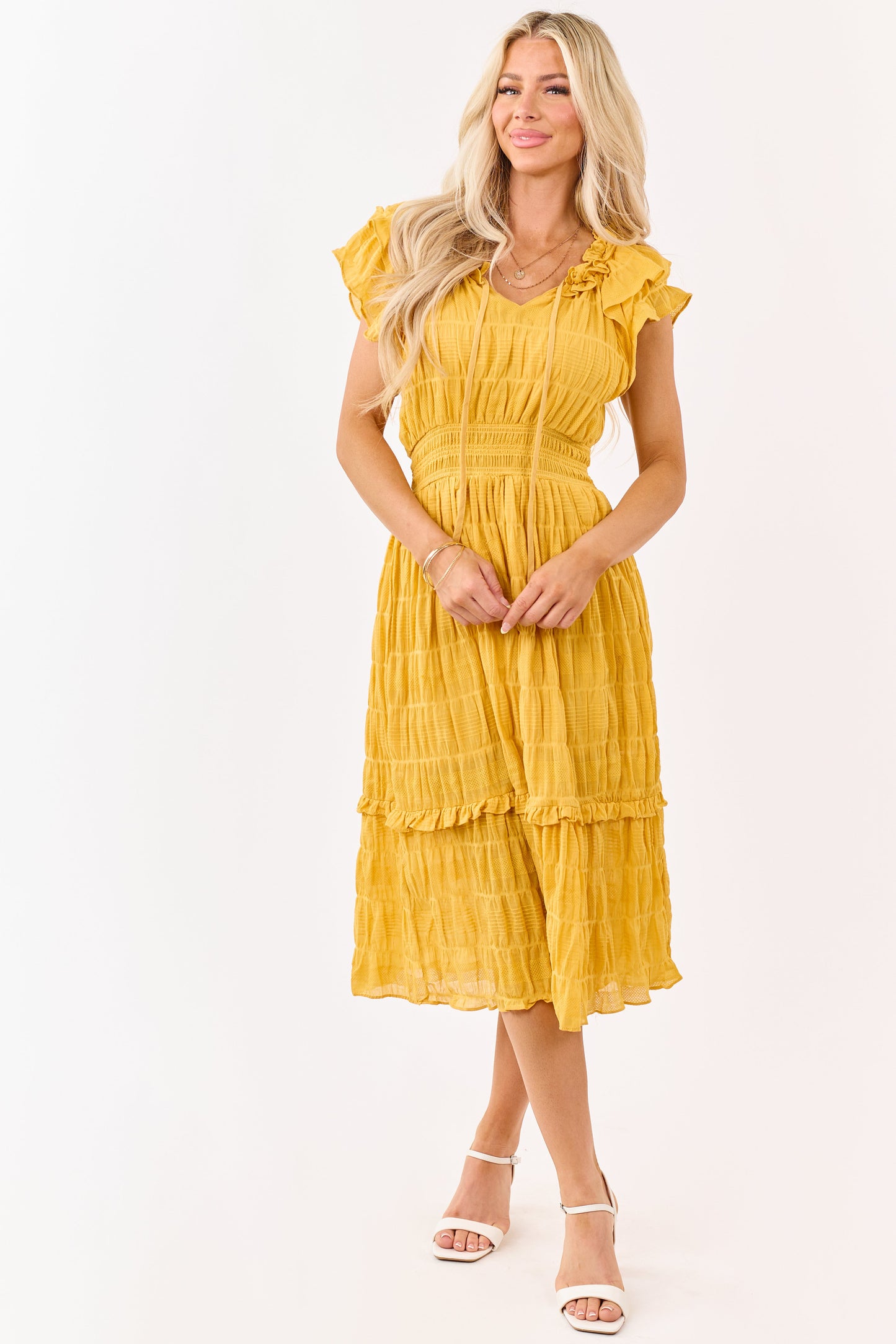 Honey Textured Flutter Sleeve Smocked Midi Dress