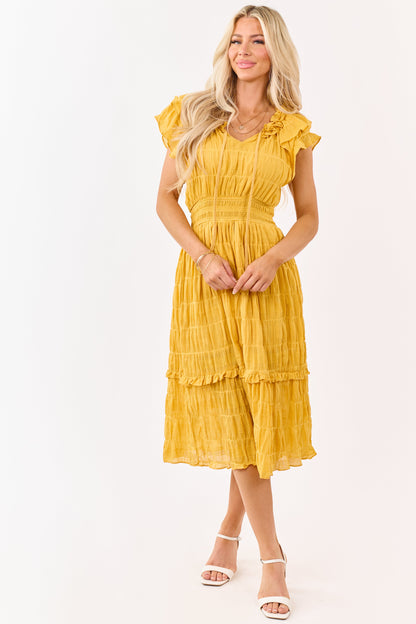 Honey Textured Flutter Sleeve Smocked Midi Dress