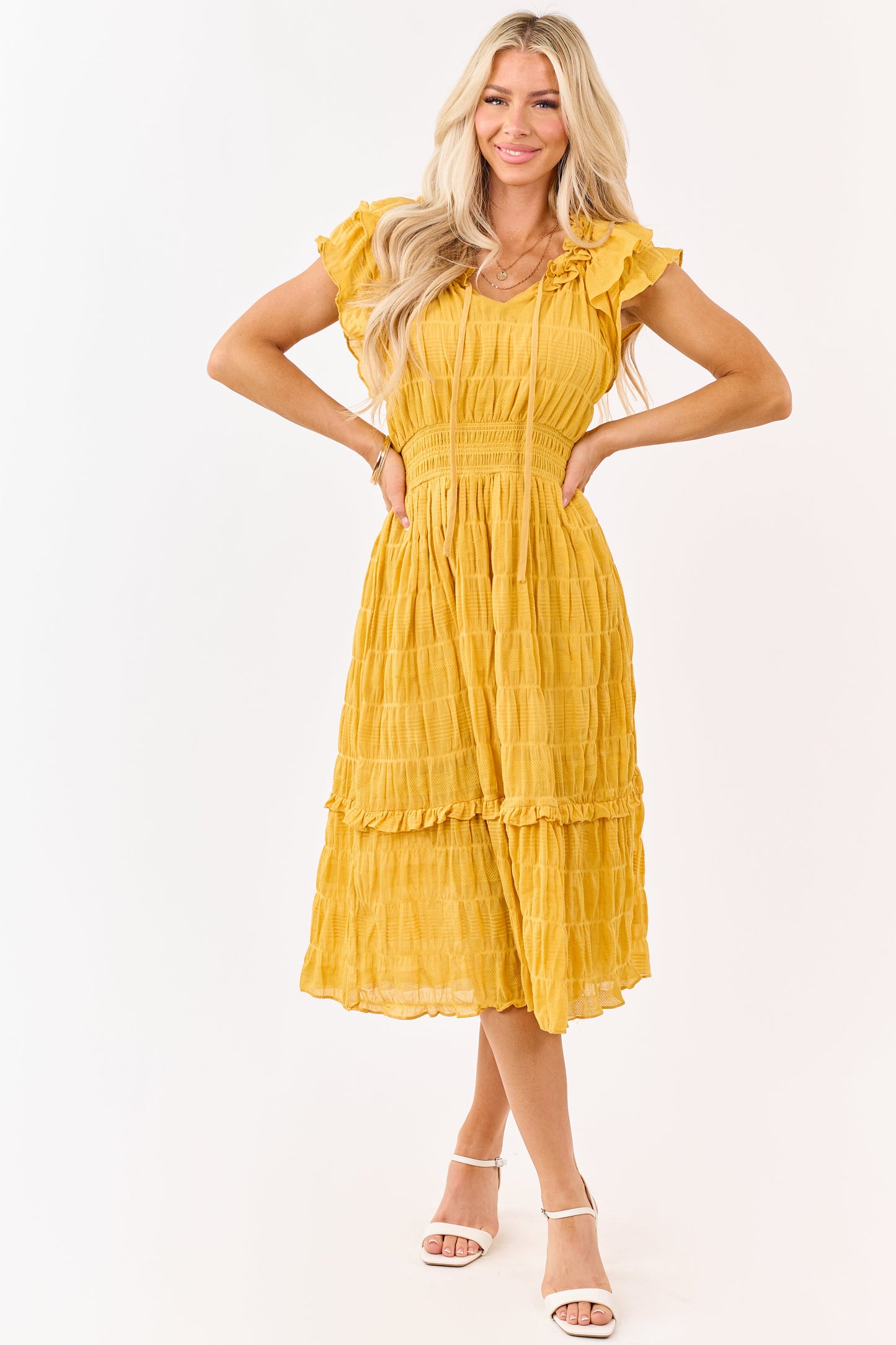Honey Textured Flutter Sleeve Smocked Midi Dress
