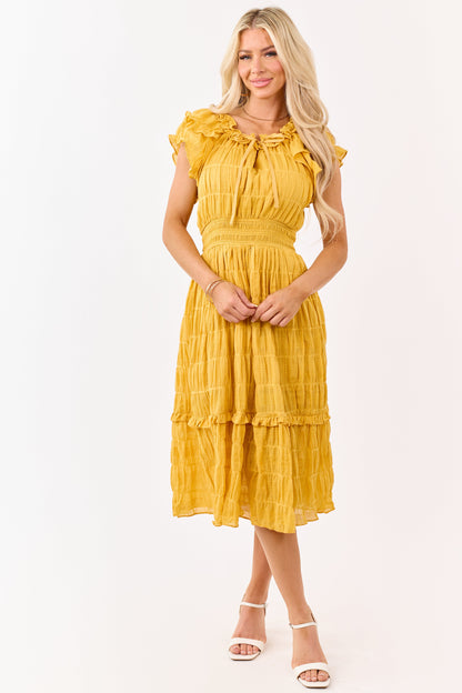 Honey Textured Flutter Sleeve Smocked Midi Dress