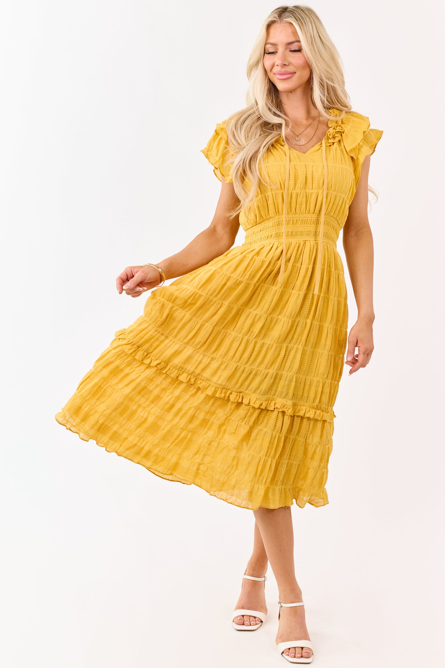 Honey Textured Flutter Sleeve Smocked Midi Dress