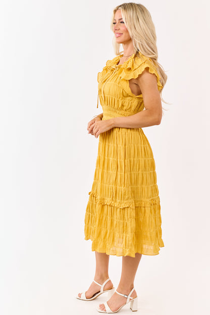 Honey Textured Flutter Sleeve Smocked Midi Dress
