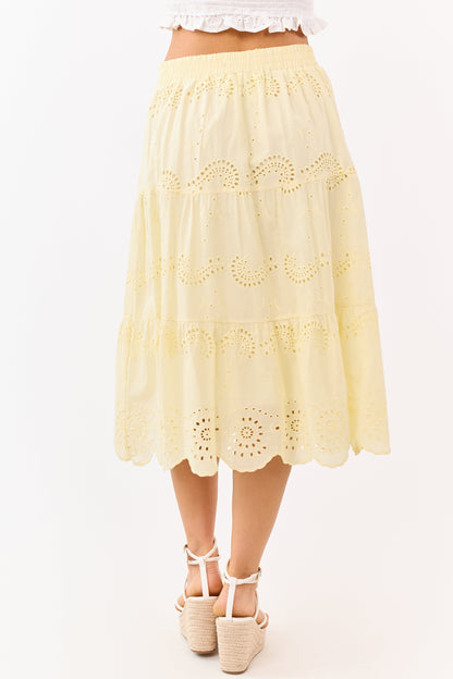 Honeysuckle Cotton Eyelet Lace Tiered Midi Skirt