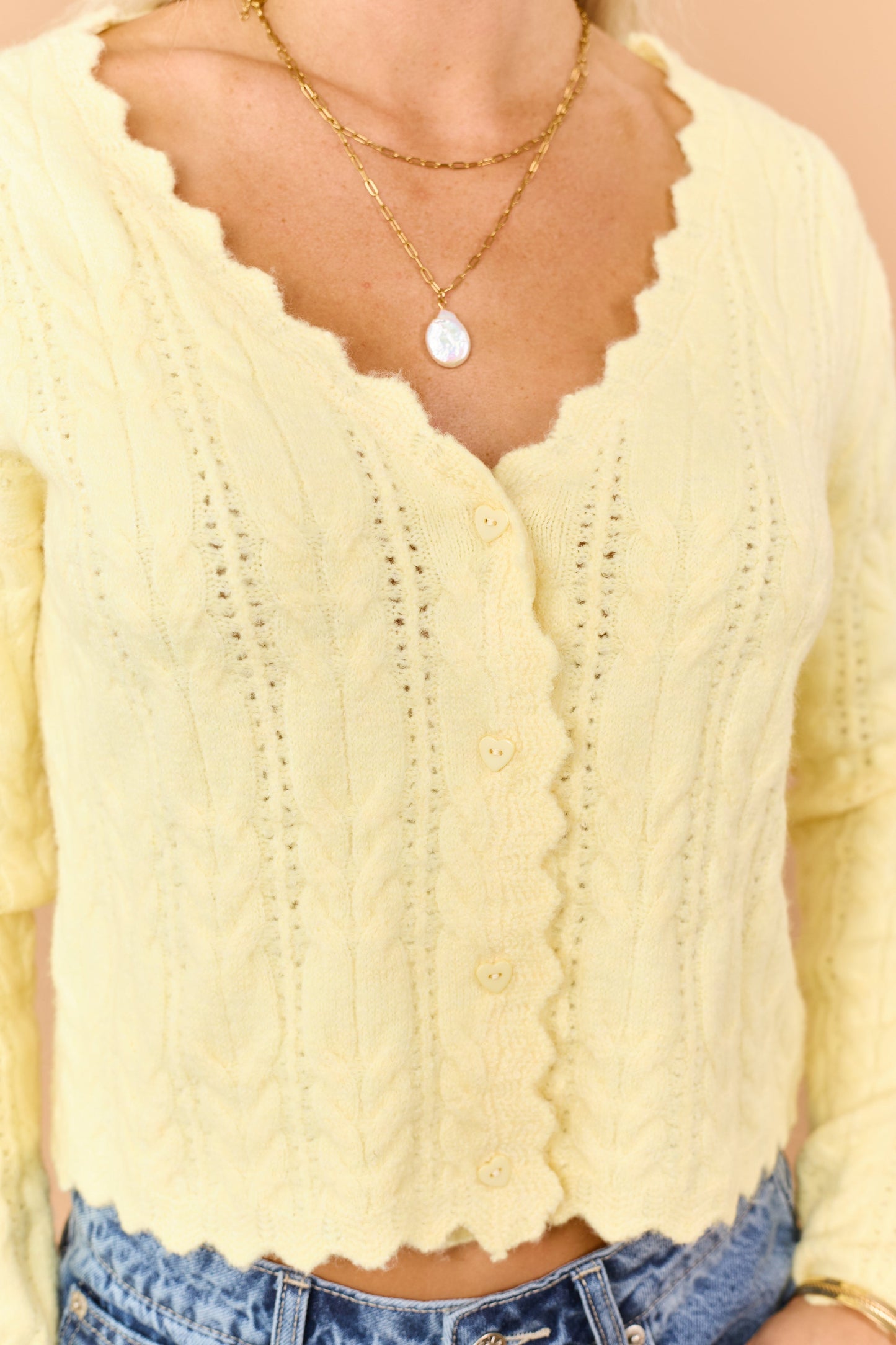 Honeysuckle Scallop Trim Cable Knit Cardigan