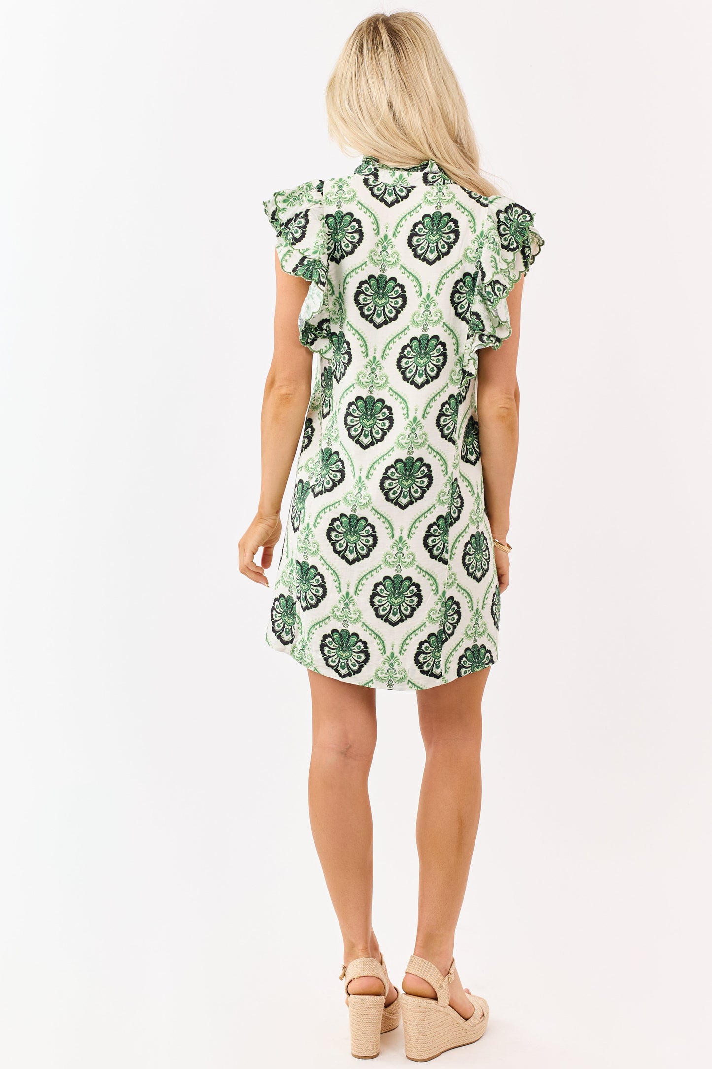 Hunter Green Damask Floral V-Neck Mini Dress