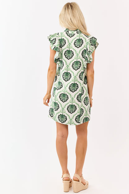 Hunter Green Damask Floral V-Neck Mini Dress