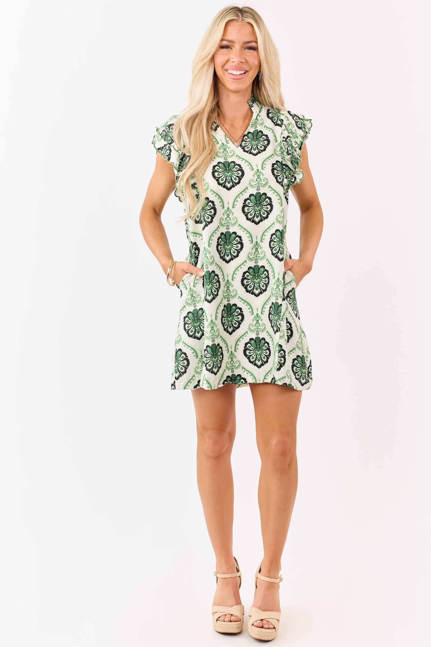 Hunter Green Damask Floral V-Neck Mini Dress