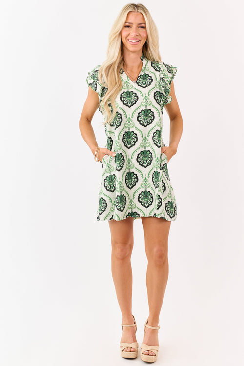 Hunter Green Damask Floral V-Neck Mini Dress