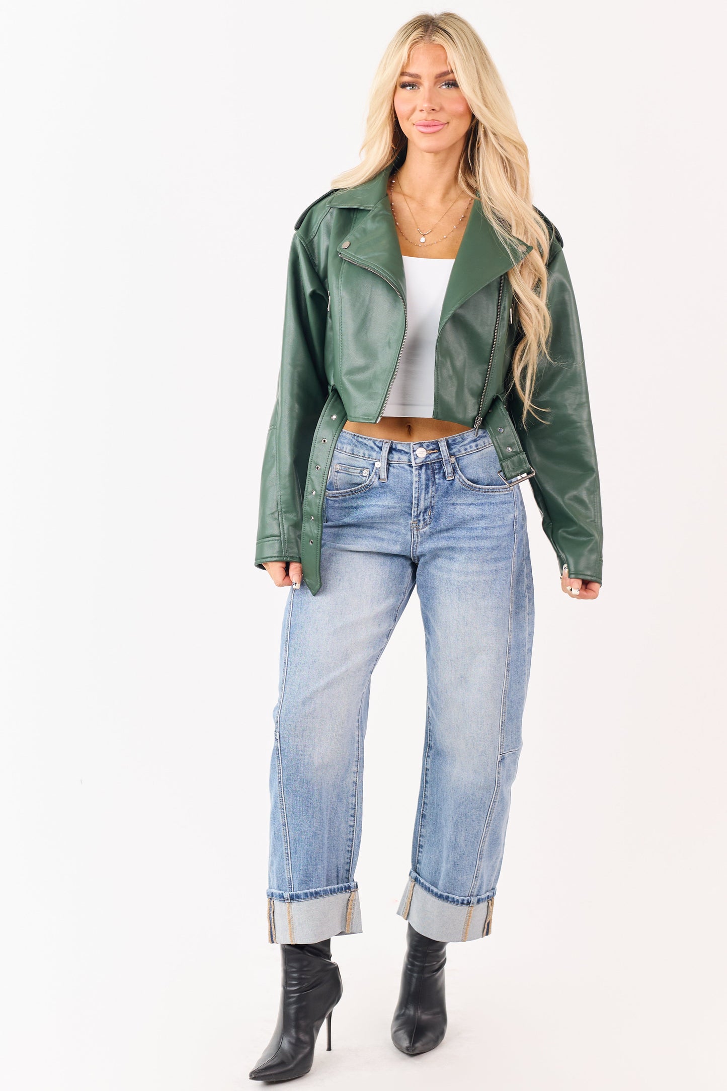 Hunter Green Faux Leather Zip Up Cropped Jacket
