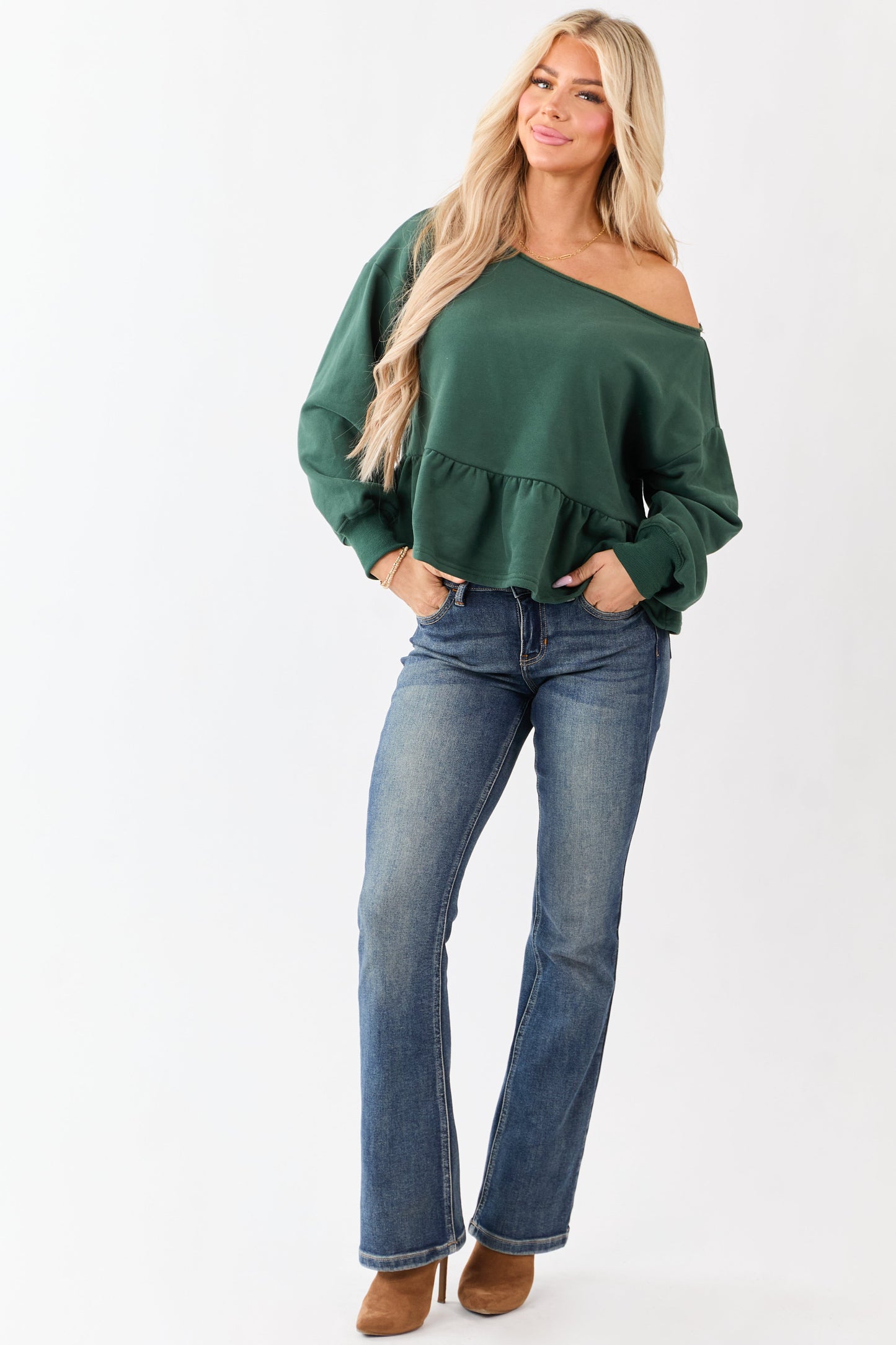 Hunter Green One Shoulder Peplum Relaxed Sweatshirt Top