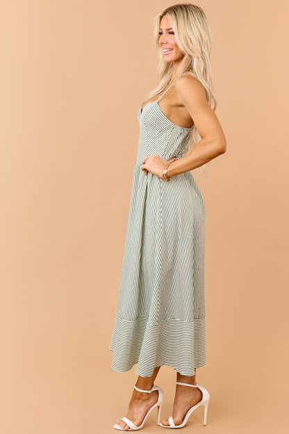 Hunter Green Striped V-Neck Midi Sundress