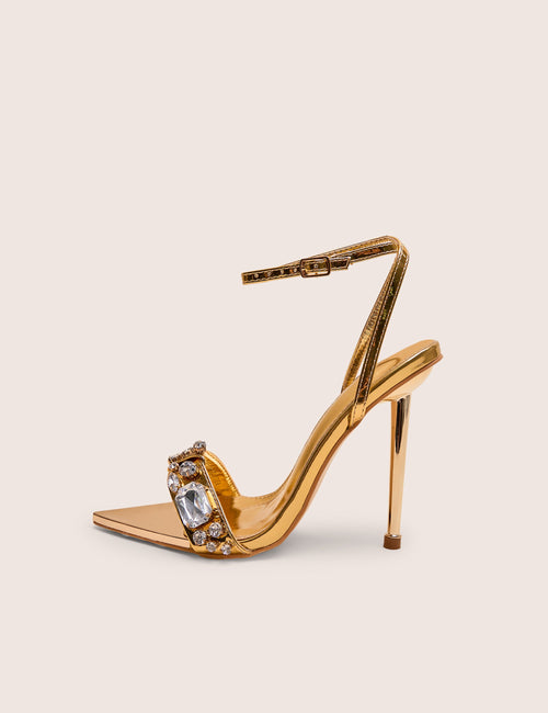 Icicle Gold Metallic Patent Extreme Jeweled Ankle Strap Pointed Toe Stiletto Heels