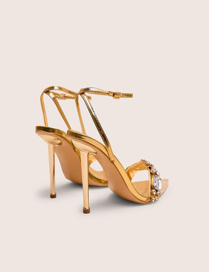 Icicle Gold Metallic Patent Extreme Jeweled Ankle Strap Pointed Toe Stiletto Heels