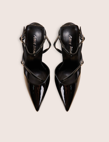 Idol Black Patent Buckle Strappy Detail Stiletto Court High Heels