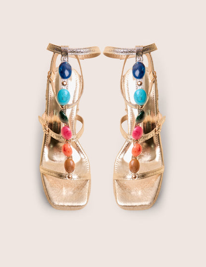 Iliana Cracked Gold Pu Beaded Trim Strappy Jute Wedges