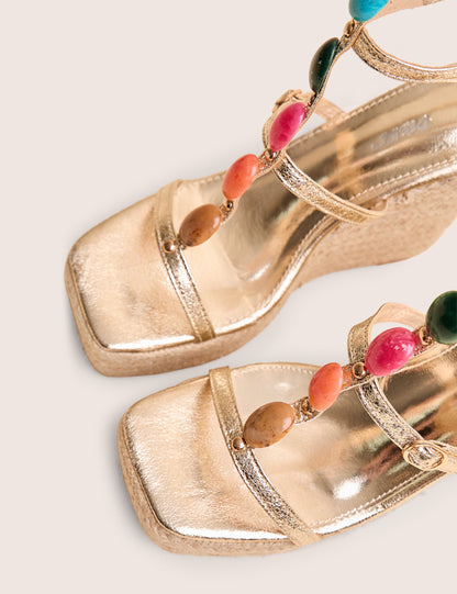 Iliana Cracked Gold Pu Beaded Trim Strappy Jute Wedges