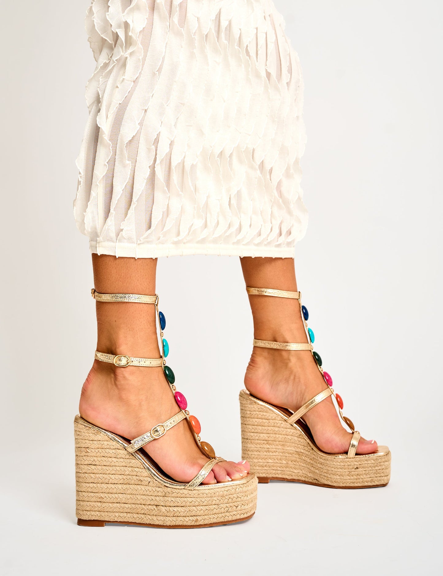 Iliana Cracked Gold Pu Beaded Trim Strappy Jute Wedges
