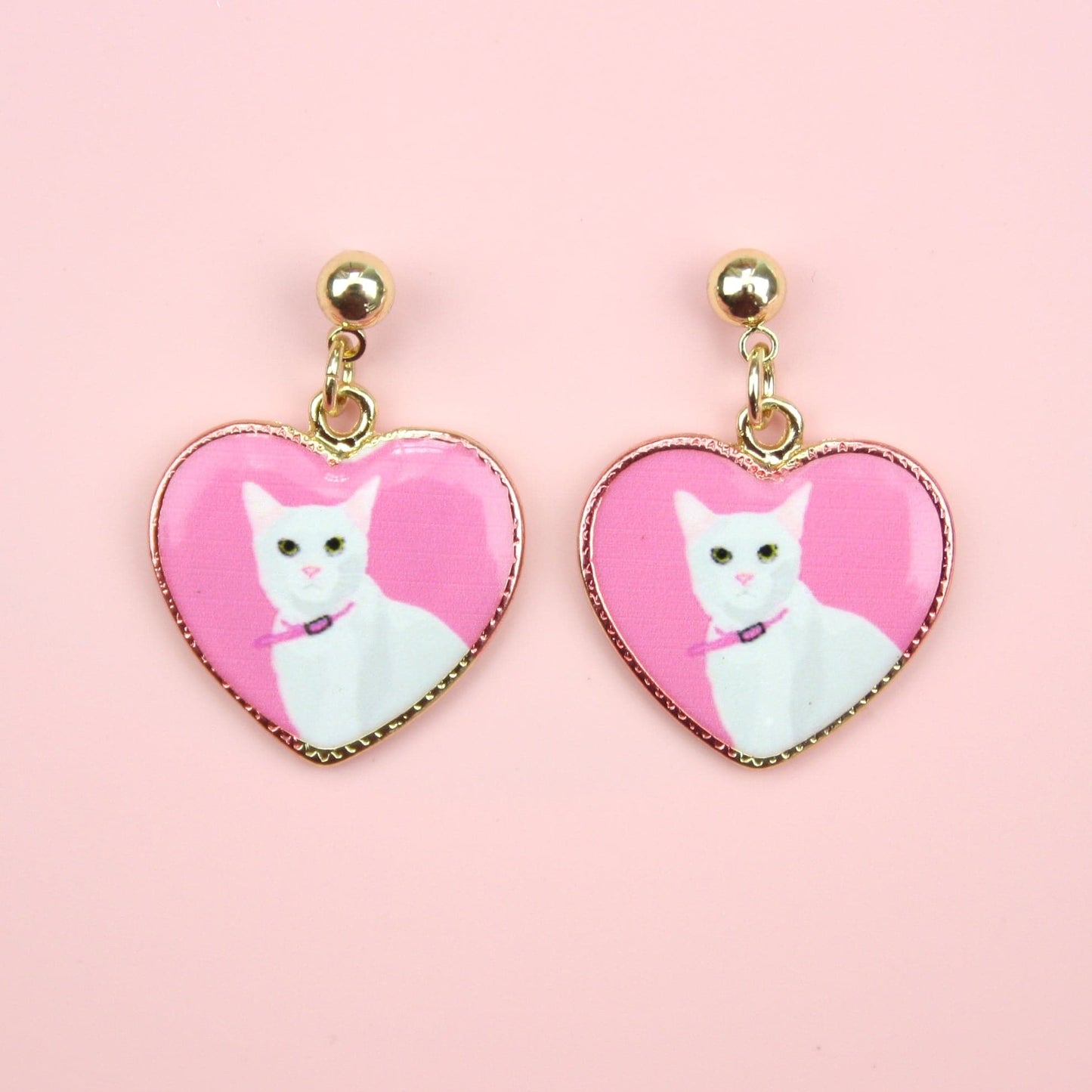 White Cat Heart Stud Earrings