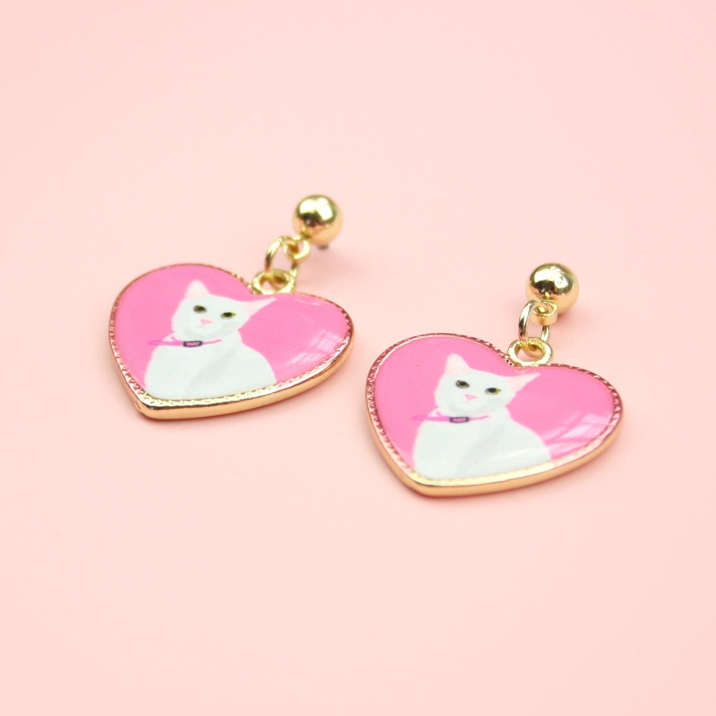 White Cat Heart Stud Earrings