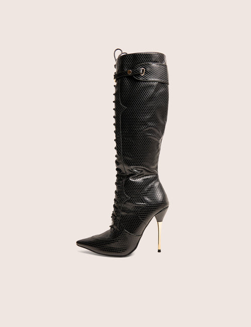 Infatuated Black Croc Lace Up Buckle Feature Stiletto Knee High Boots