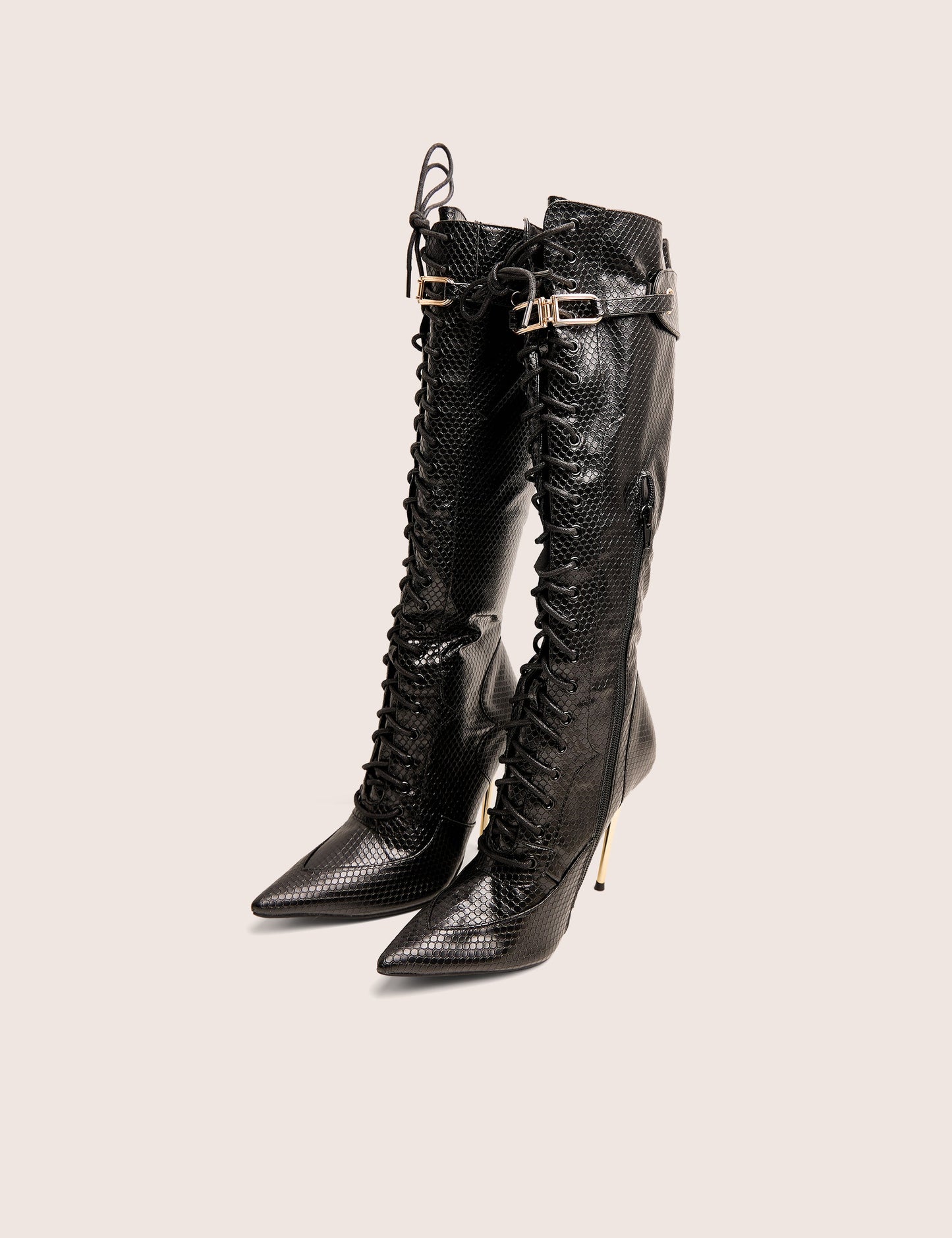 Infatuated Black Croc Lace Up Buckle Feature Stiletto Knee High Boots