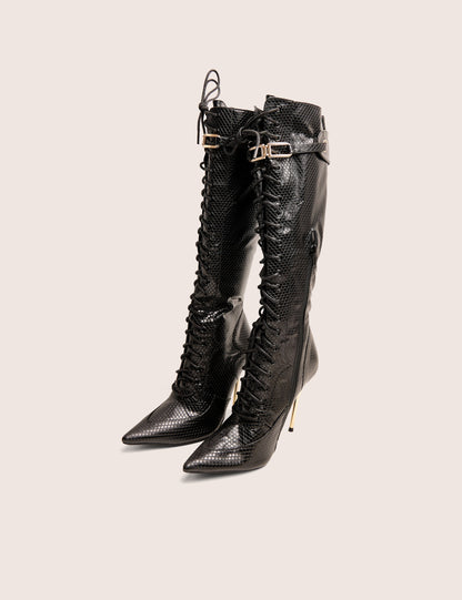 Infatuated Black Croc Lace Up Buckle Feature Stiletto Knee High Boots