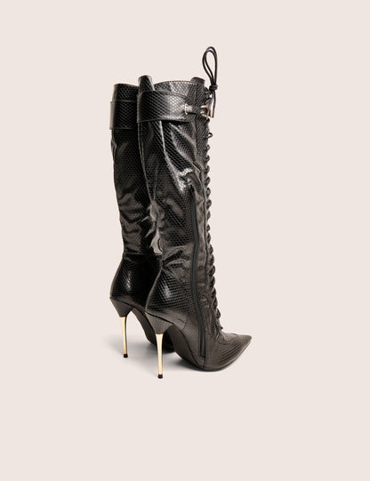 Infatuated Black Croc Lace Up Buckle Feature Stiletto Knee High Boots
